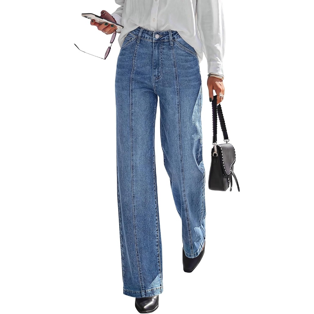image:imageBTFBM Front Seam Stretchy Wide Straight Leg Jeans for Women Trendy 2026Dark Blue