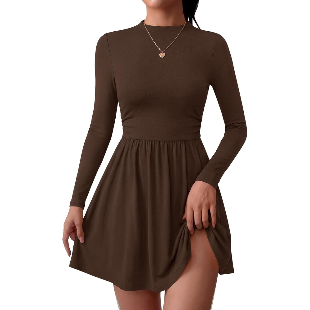 image:imageBTFBM Long Sleeve Dresses for Women Mock Neck A Line Flowy Mini DressBrown