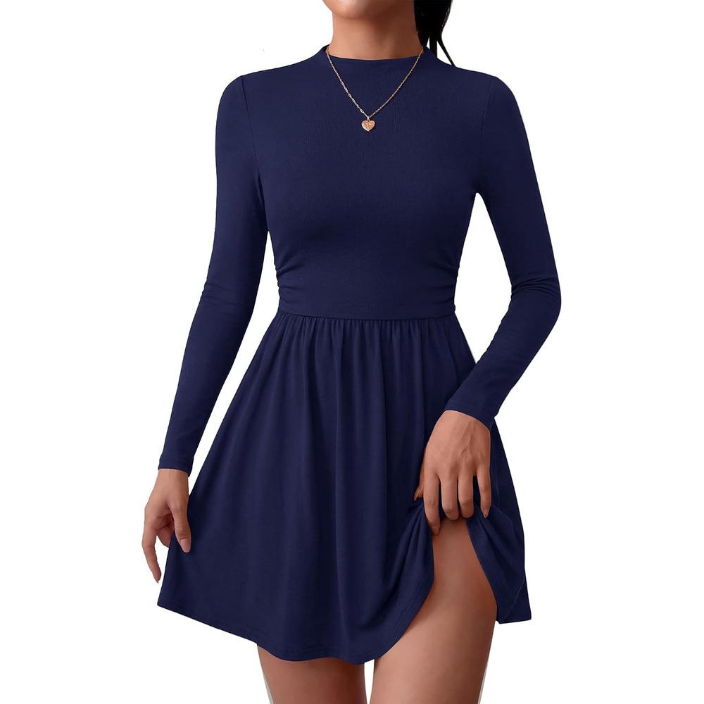 image:imageBTFBM Long Sleeve Dresses for Women Mock Neck A Line Flowy Mini DressNavy Blue