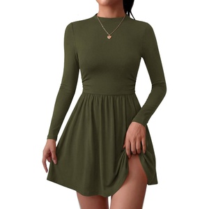 BTFBM Long Sleeve Dresses for Women Mock Neck A Line Flowy Mini Dress(Army Green)