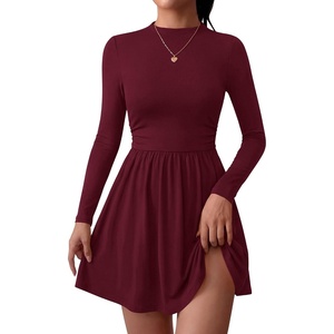 BTFBM Long Sleeve Dresses for Women Mock Neck A Line Flowy Mini Dress(Burgundy)