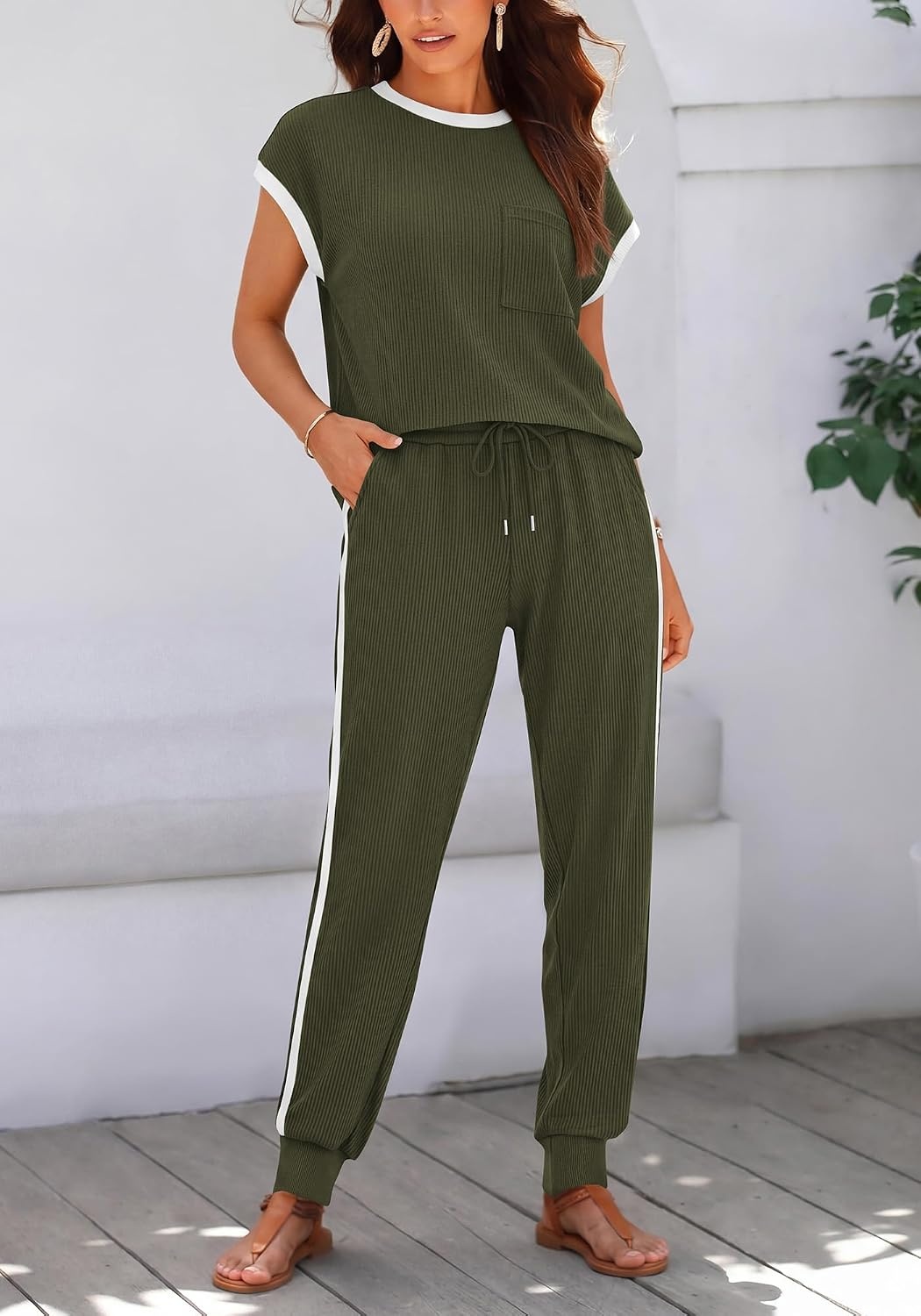 image:imageBTFBM 2 Piece Sets For Women Summer Lounge Set Airport Outfits TracksuitA Army Green