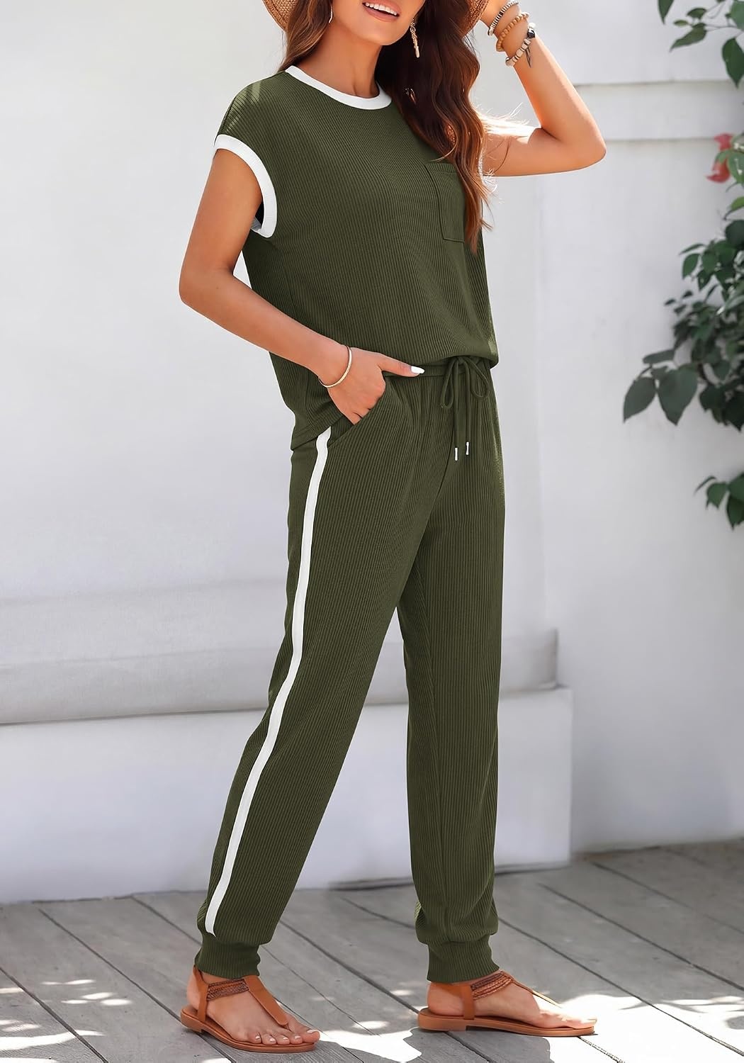 image:imageBTFBM 2 Piece Sets For Women Summer Lounge Set Airport Outfits TracksuitA Army Green