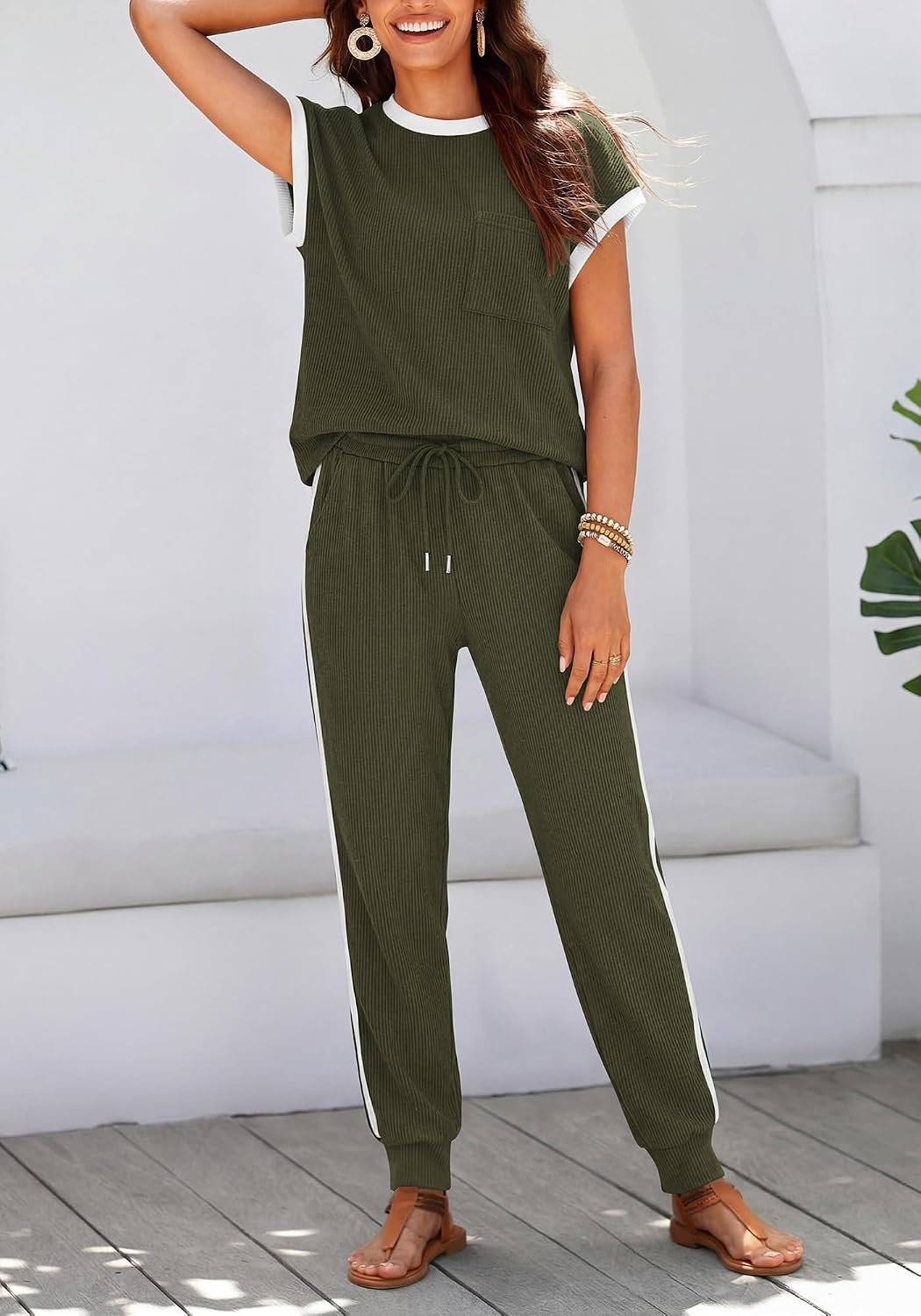 image:imageBTFBM 2 Piece Sets For Women Summer Lounge Set Airport Outfits TracksuitA Army Green