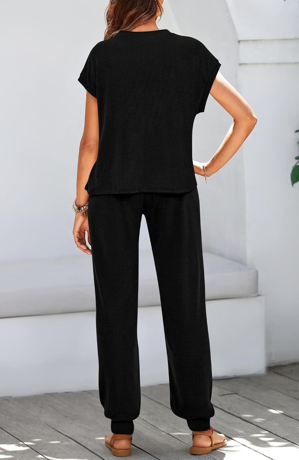 image:imageBTFBM 2 Piece Sets For Women Summer Lounge Set Airport Outfits TracksuitSolid Black