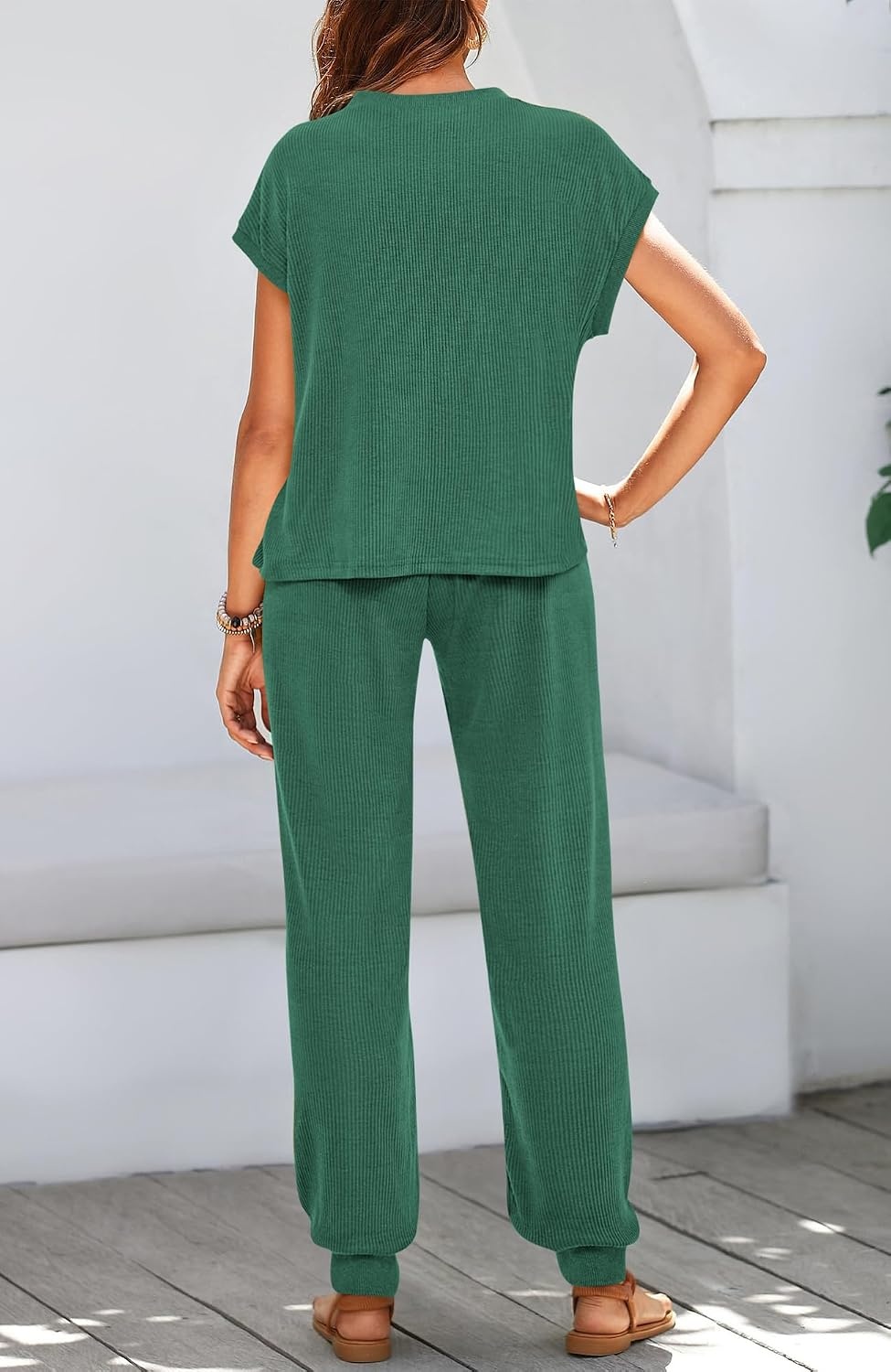 image:imageBTFBM 2 Piece Sets For Women Summer Lounge Set Airport Outfits TracksuitSolid Dark Green