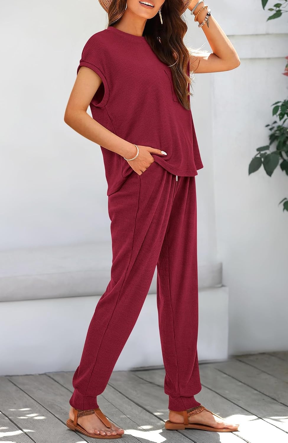 image:imageBTFBM 2 Piece Sets For Women Summer Lounge Set Airport Outfits TracksuitWine Red