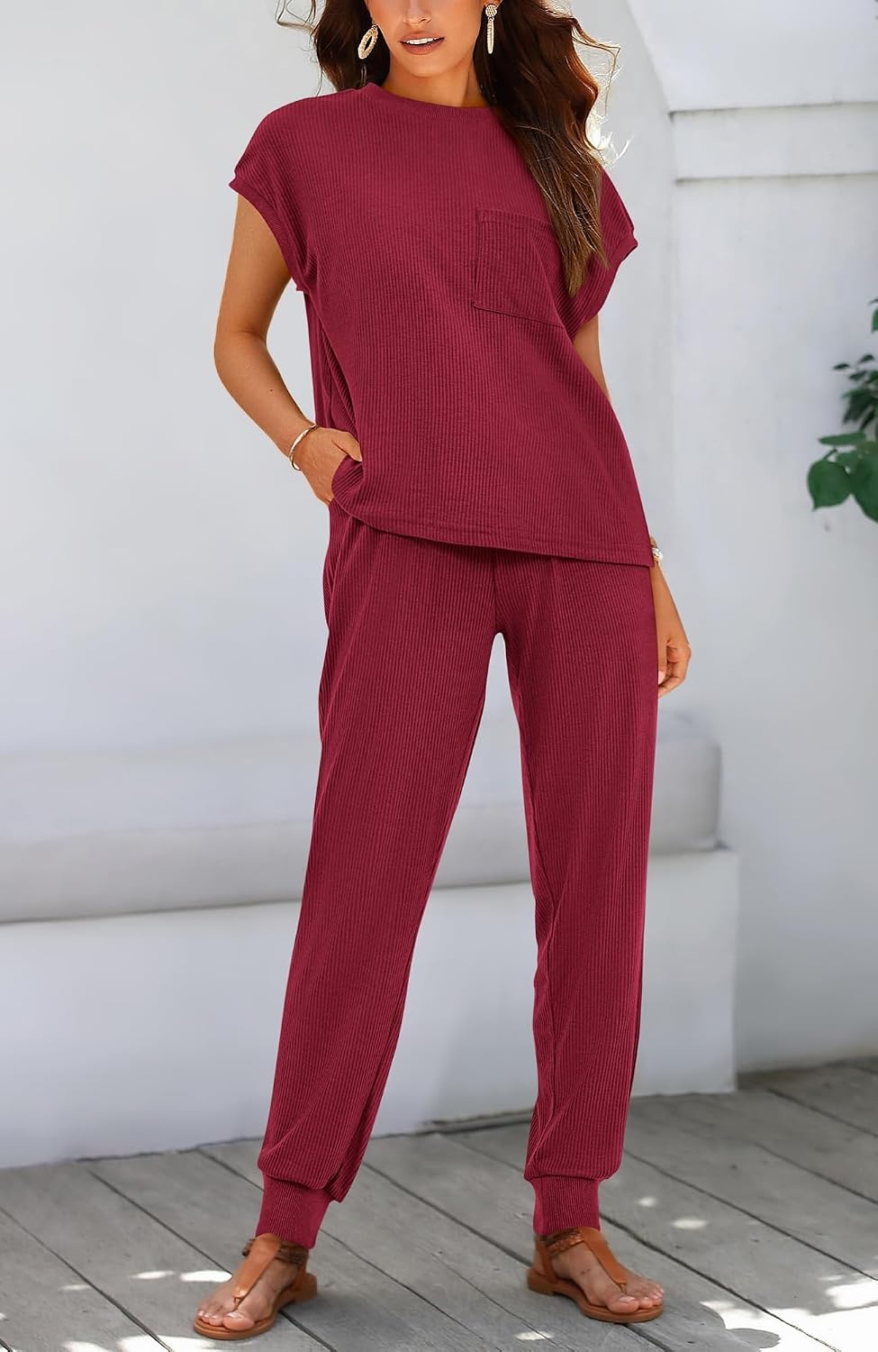 image:imageBTFBM 2 Piece Sets For Women Summer Lounge Set Airport Outfits TracksuitWine Red