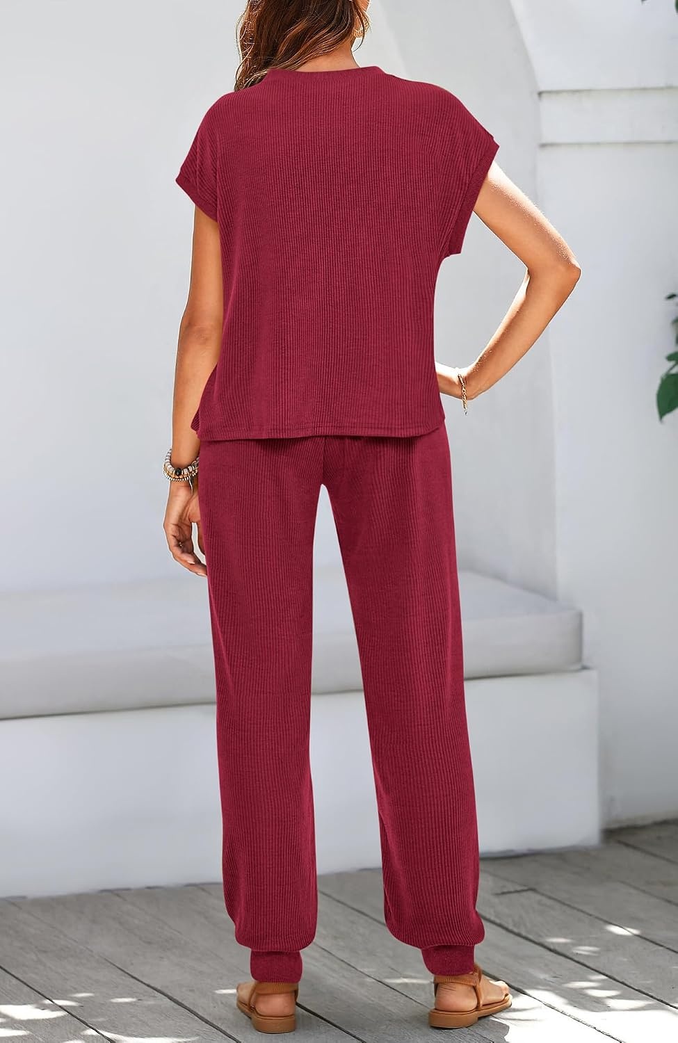 image:imageBTFBM 2 Piece Sets For Women Summer Lounge Set Airport Outfits TracksuitWine Red