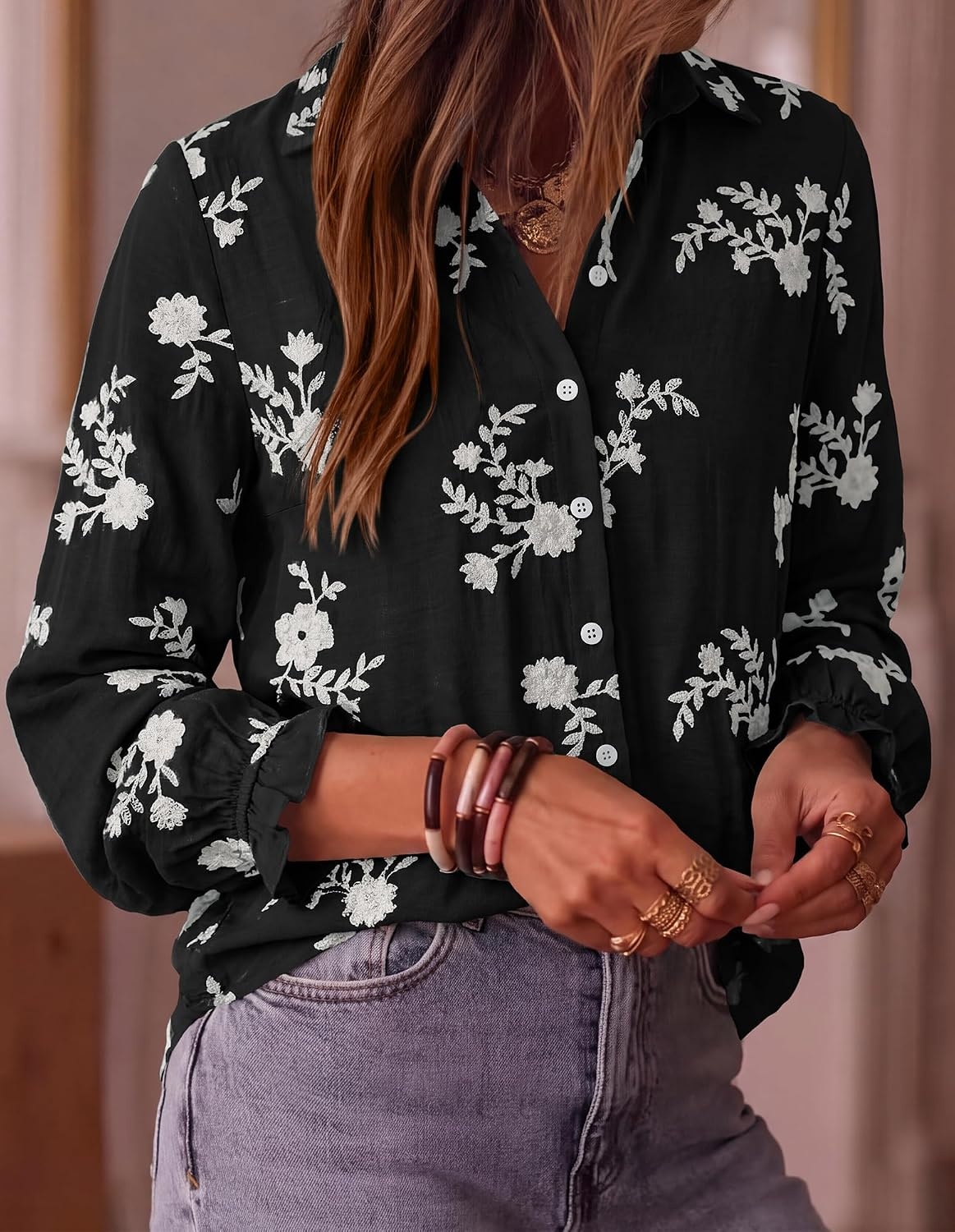image:imageBTFBM Boho Floral Embroidered Long Sleeve Blouses for Women Dressy CasualBlack