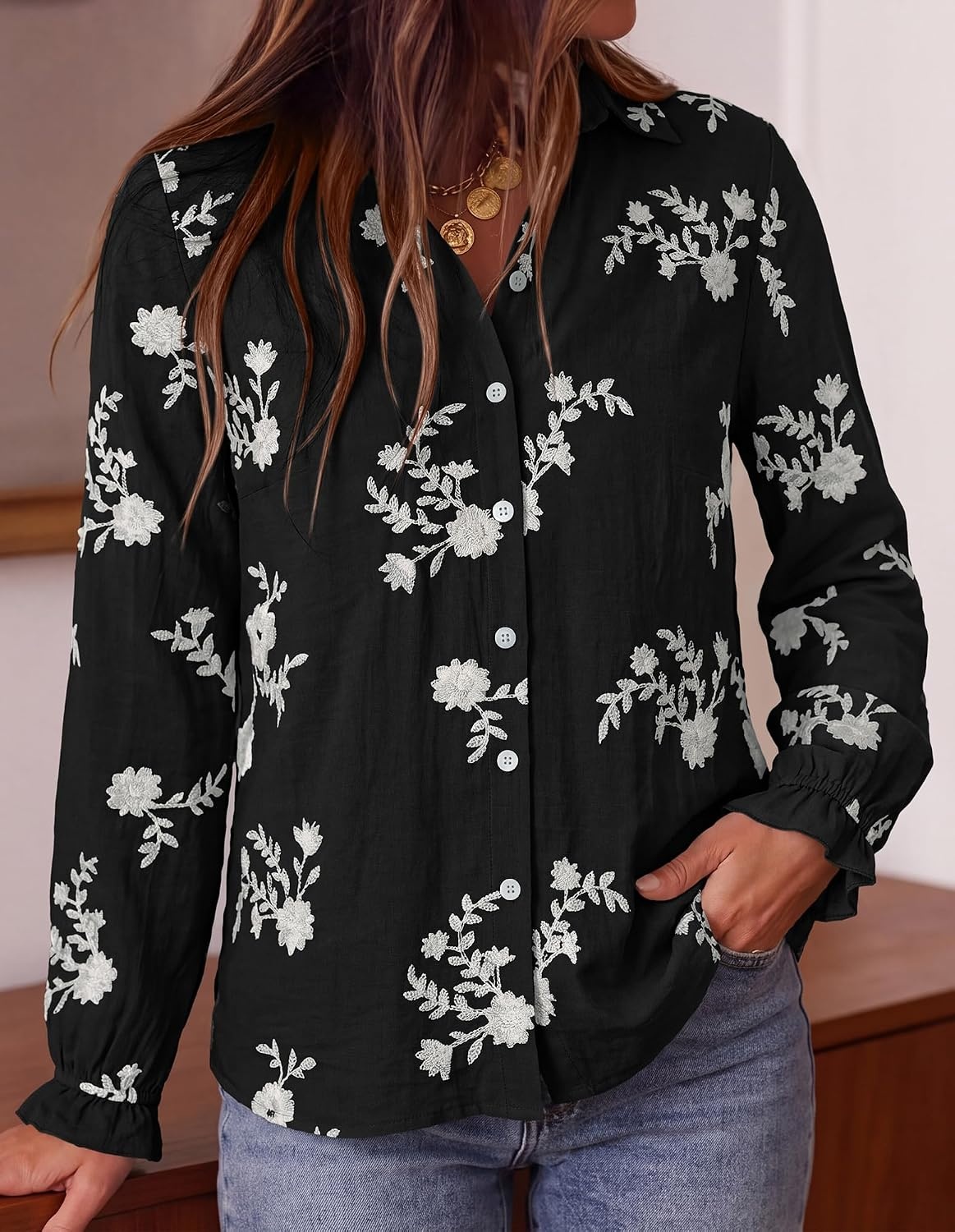 image:imageBTFBM Boho Floral Embroidered Long Sleeve Blouses for Women Dressy CasualBlack