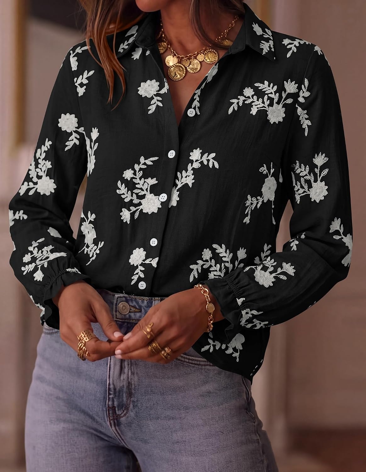 image:imageBTFBM Boho Floral Embroidered Long Sleeve Blouses for Women Dressy CasualBlack