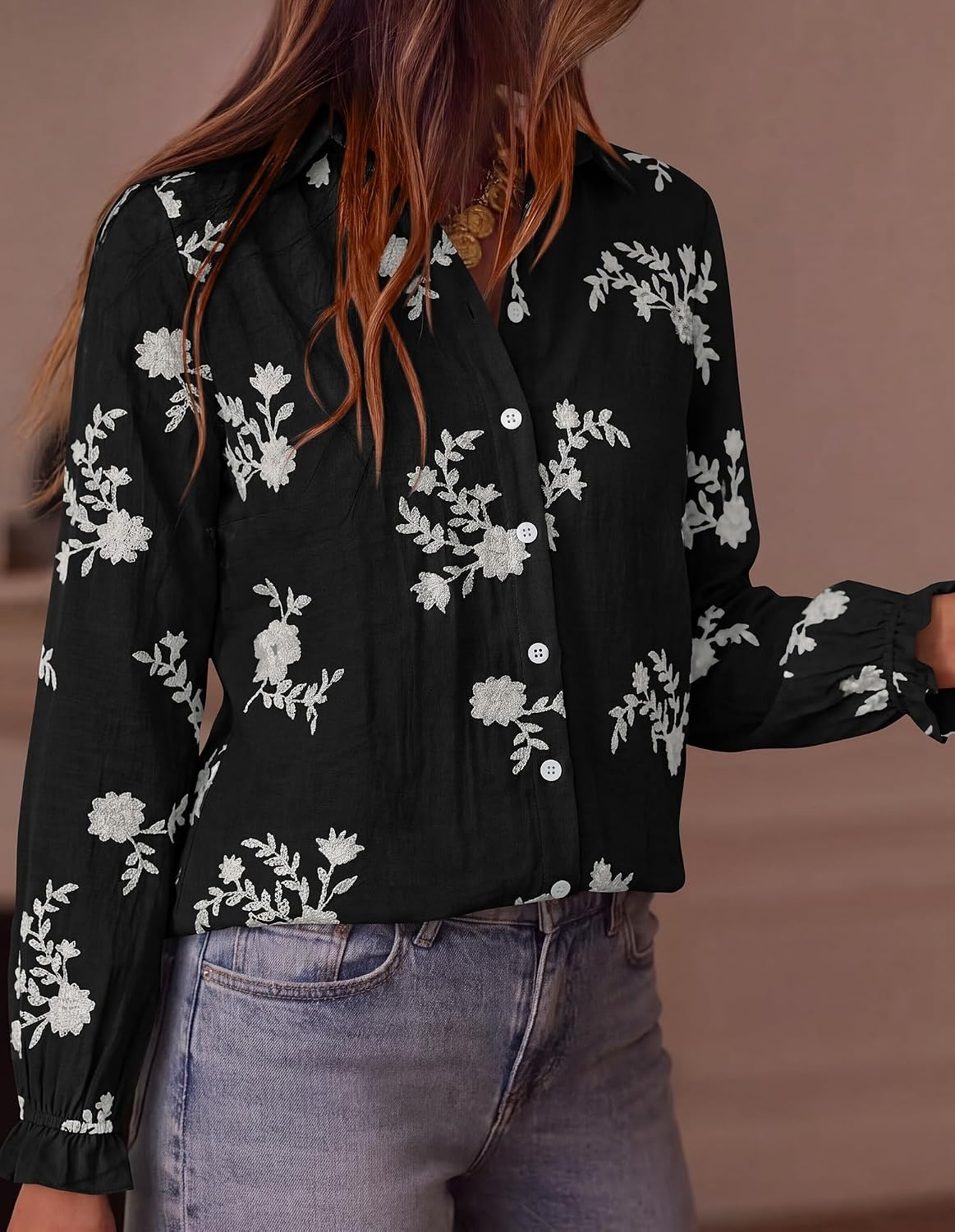 image:imageBTFBM Boho Floral Embroidered Long Sleeve Blouses for Women Dressy CasualBlack