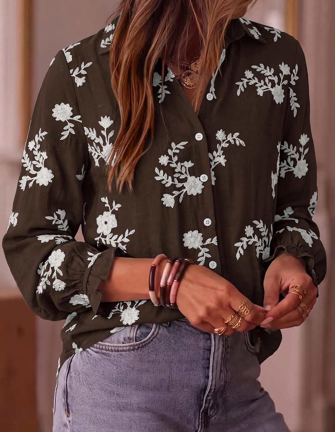 image:imageBTFBM Boho Floral Embroidered Long Sleeve Blouses for Women Dressy CasualBrown