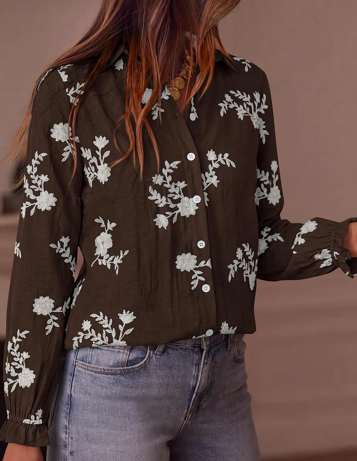 image:imageBTFBM Boho Floral Embroidered Long Sleeve Blouses for Women Dressy CasualBrown