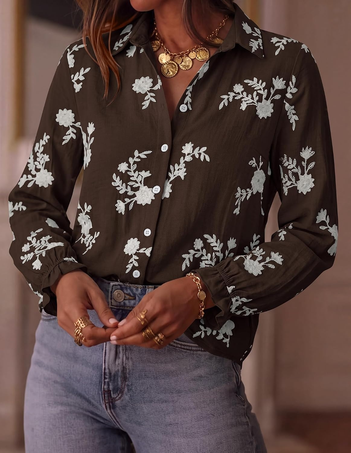 image:imageBTFBM Boho Floral Embroidered Long Sleeve Blouses for Women Dressy CasualBrown