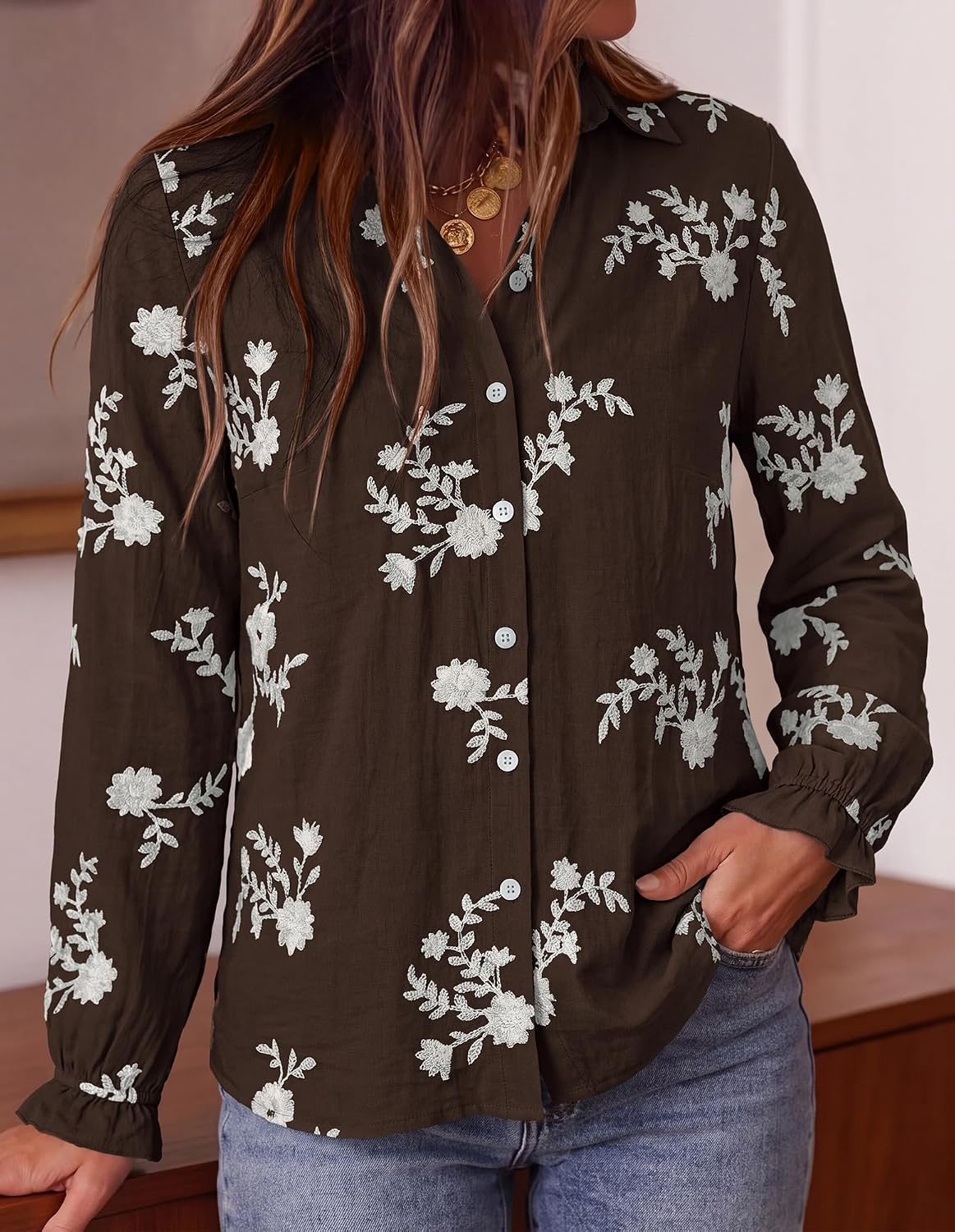 image:imageBTFBM Boho Floral Embroidered Long Sleeve Blouses for Women Dressy CasualBrown