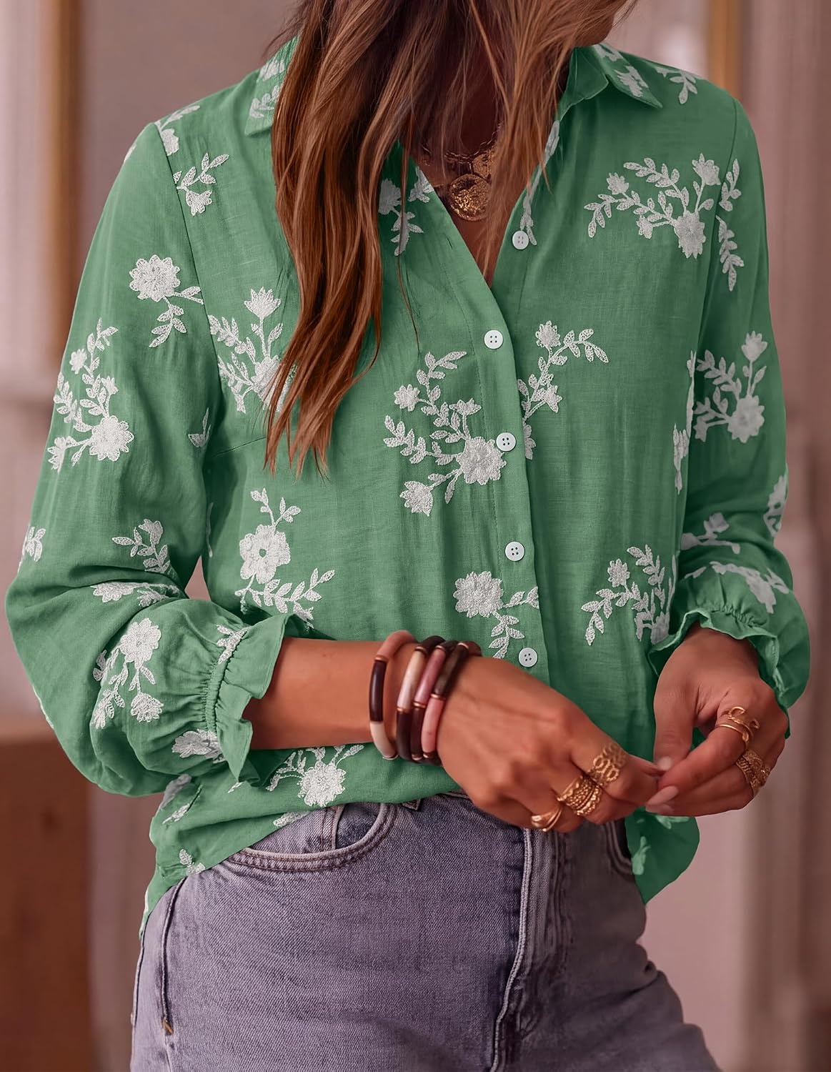 image:imageBTFBM Boho Floral Embroidered Long Sleeve Blouses for Women Dressy CasualGreen