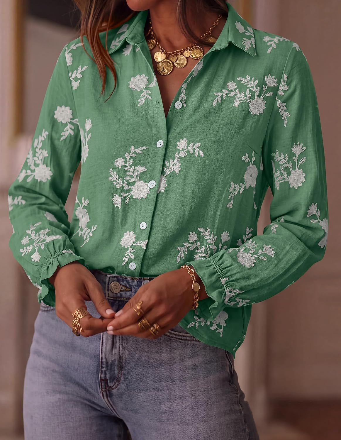 image:imageBTFBM Boho Floral Embroidered Long Sleeve Blouses for Women Dressy CasualGreen