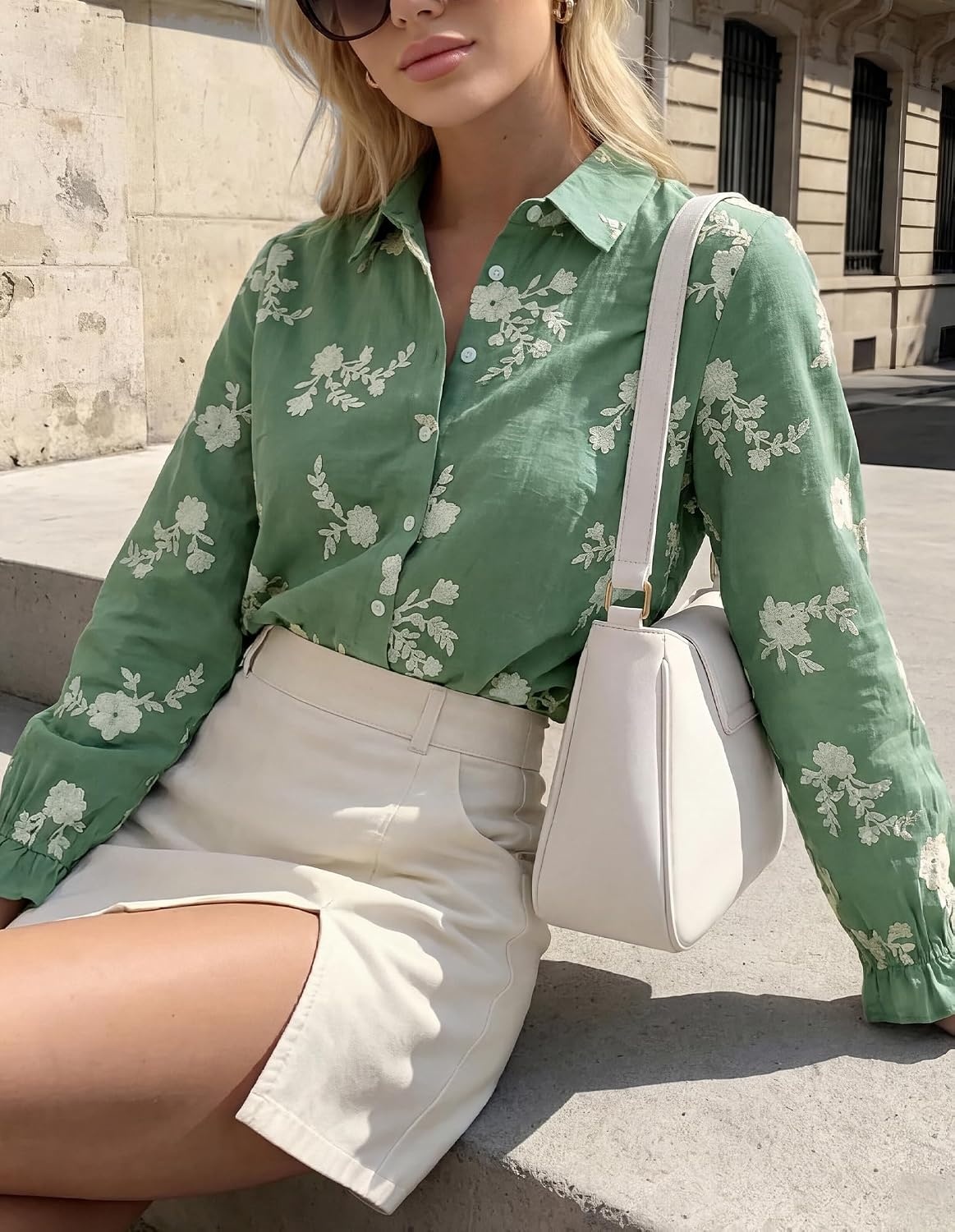 image:imageBTFBM Boho Floral Embroidered Long Sleeve Blouses for Women Dressy CasualGreen