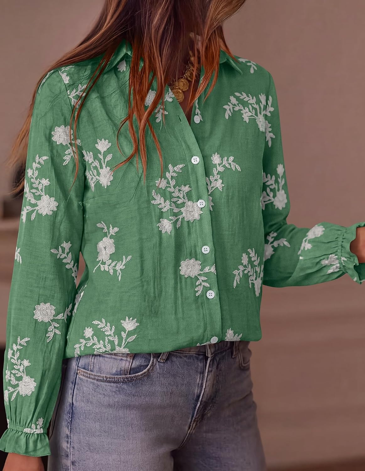 image:imageBTFBM Boho Floral Embroidered Long Sleeve Blouses for Women Dressy CasualGreen
