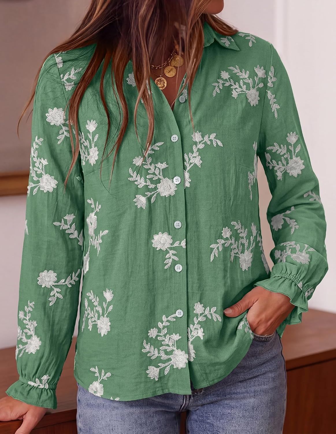 image:imageBTFBM Boho Floral Embroidered Long Sleeve Blouses for Women Dressy CasualGreen