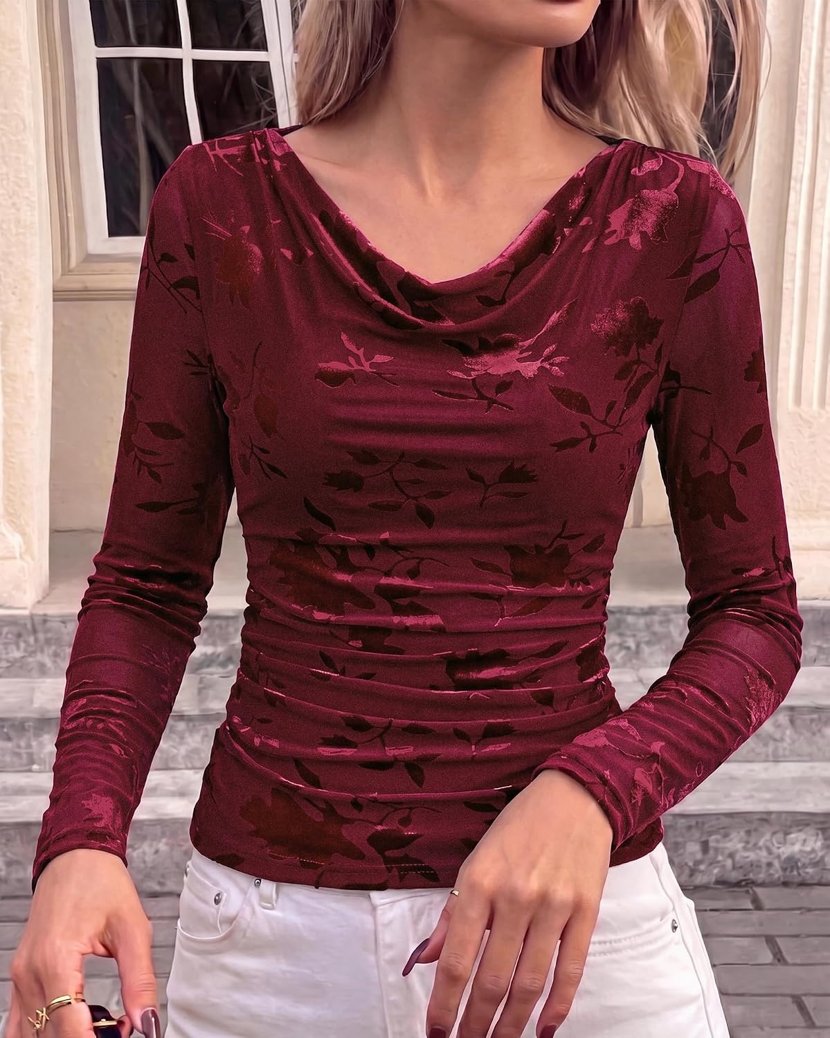 image:imageBTFBM Fall Tops for Women Floral Mesh Boho Top Cowl Neck Long Sleeve ShirtsBurgundy
