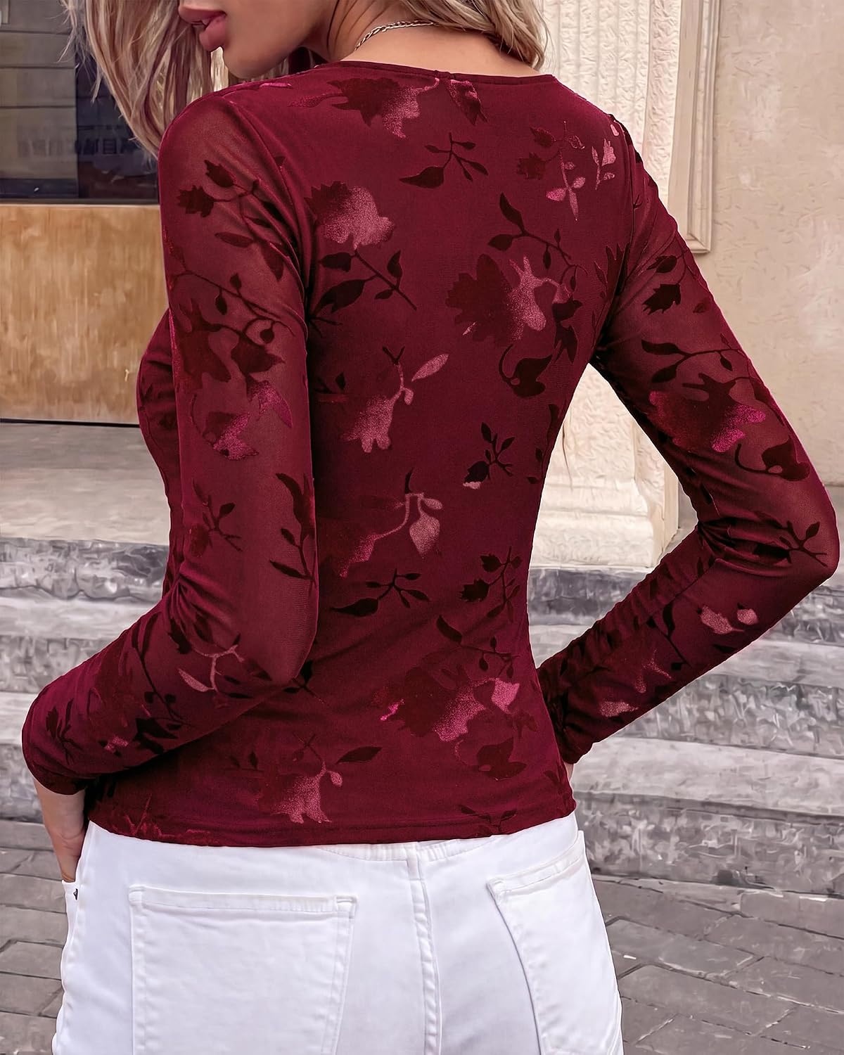 image:imageBTFBM Fall Tops for Women Floral Mesh Boho Top Cowl Neck Long Sleeve ShirtsBurgundy