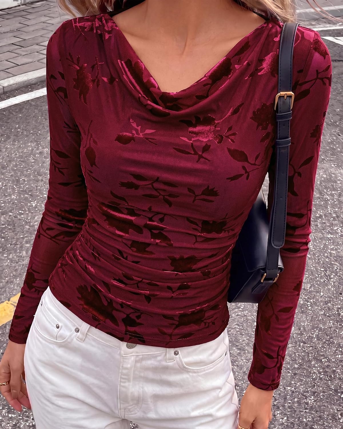 image:imageBTFBM Fall Tops for Women Floral Mesh Boho Top Cowl Neck Long Sleeve ShirtsBurgundy
