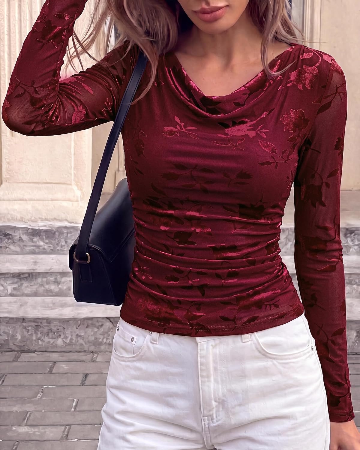 image:imageBTFBM Fall Tops for Women Floral Mesh Boho Top Cowl Neck Long Sleeve ShirtsBurgundy