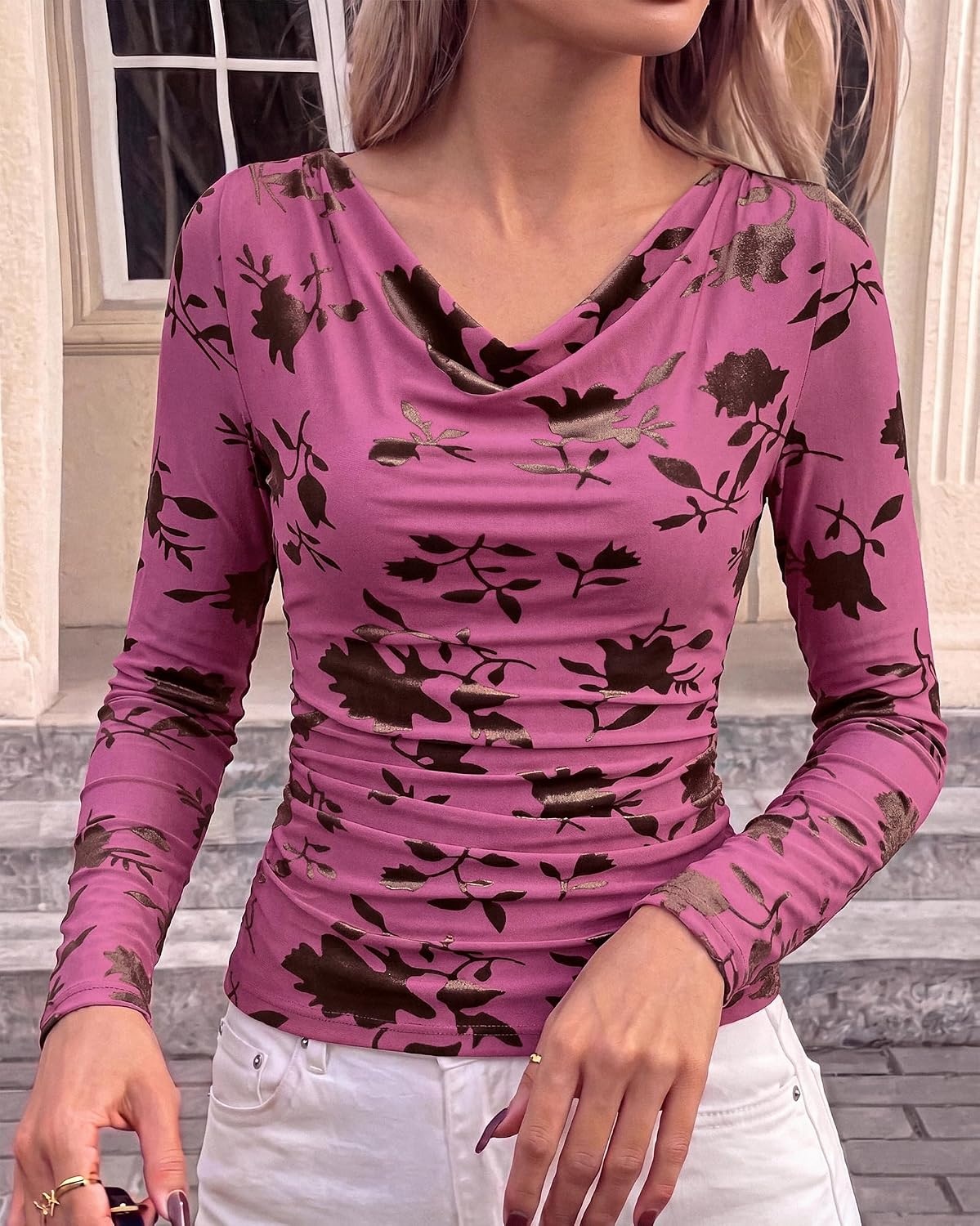 image:imageBTFBM Fall Tops for Women Floral Mesh Boho Top Cowl Neck Long Sleeve ShirtsPink Purple