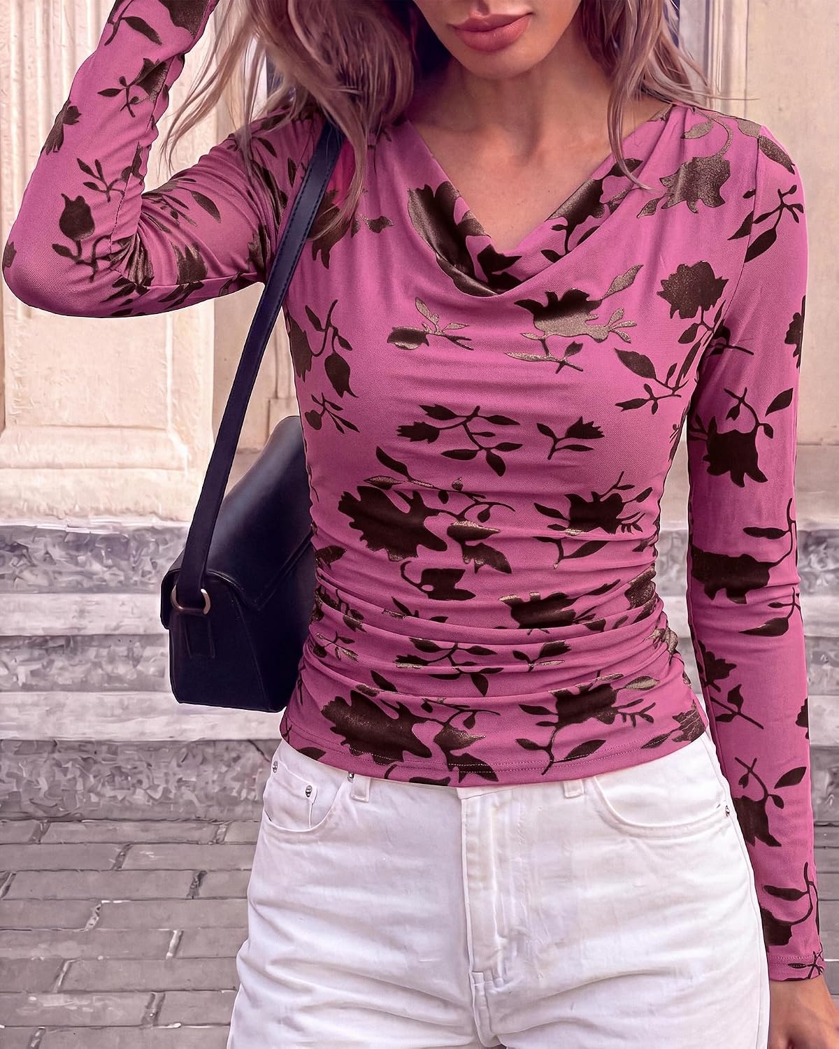 image:imageBTFBM Fall Tops for Women Floral Mesh Boho Top Cowl Neck Long Sleeve ShirtsPink Purple