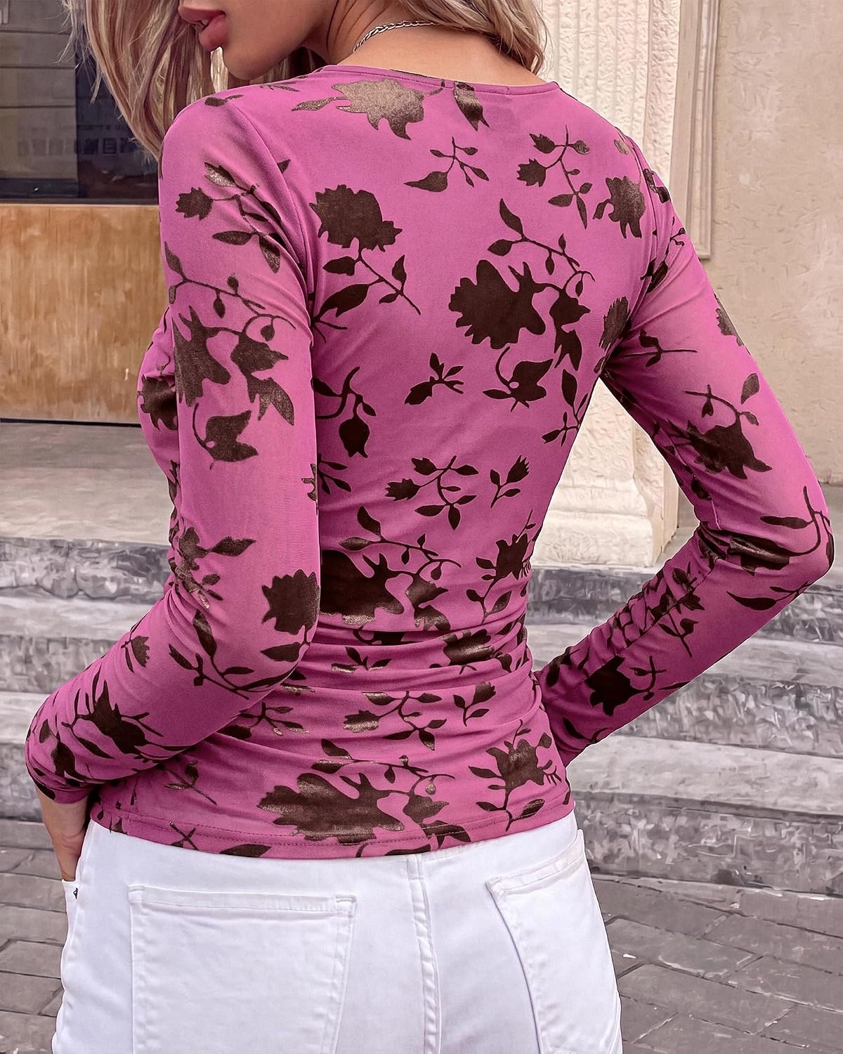 image:imageBTFBM Fall Tops for Women Floral Mesh Boho Top Cowl Neck Long Sleeve ShirtsPink Purple