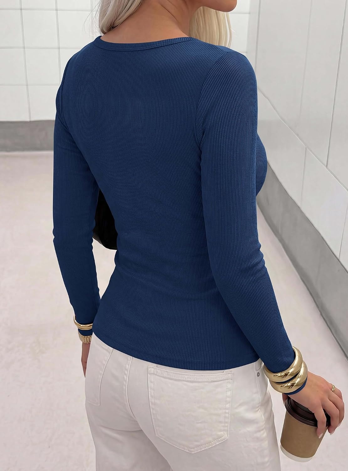 image:imageBTFBM Henley Shirts for Women Ribbed V Neck Long Sleeve TopsNavy Blue
