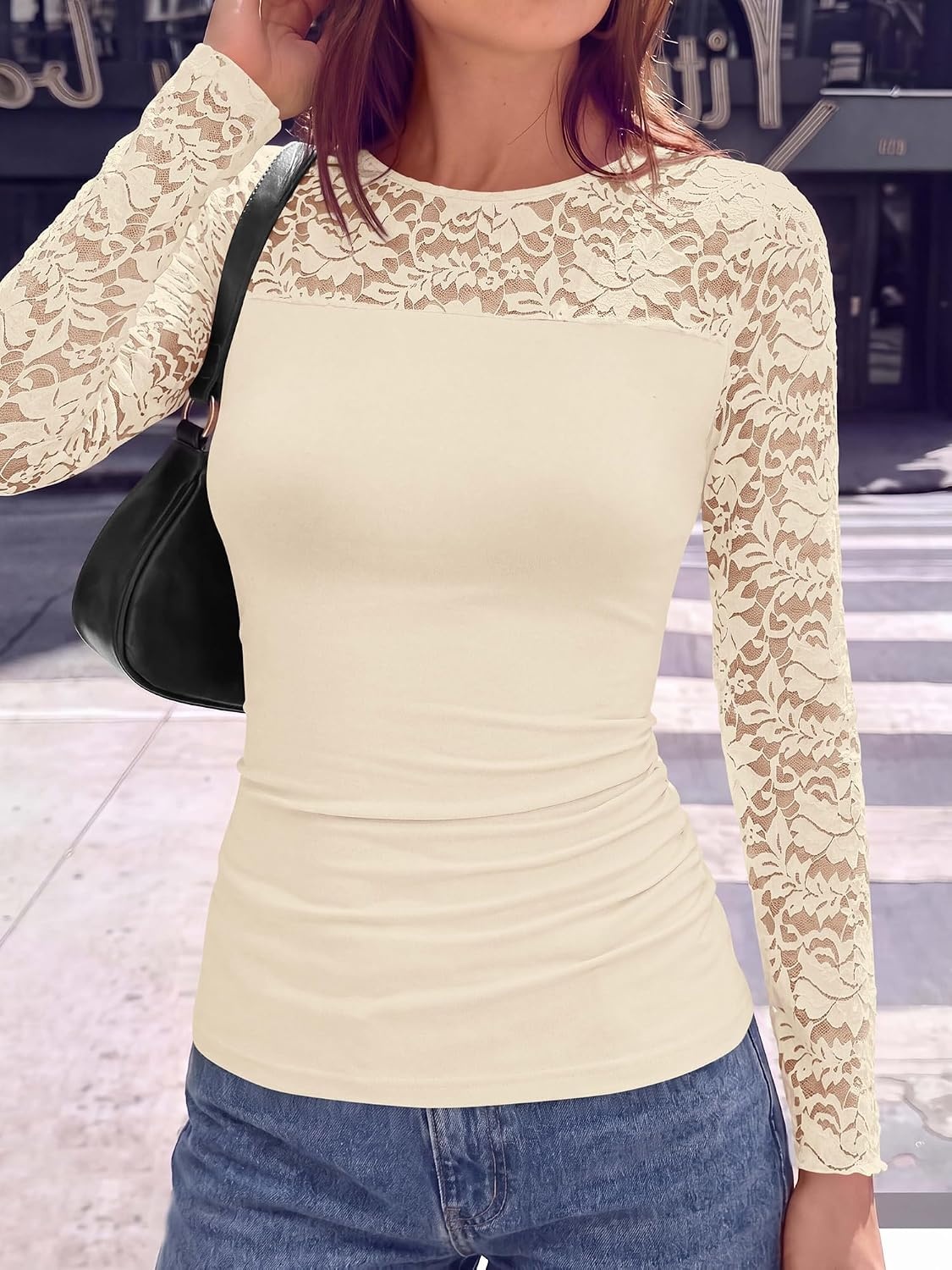 image:imageBTFBM Long Sleeve Shirts for Women Lace Tops Mesh Sheer Top Dressy CasualApricot