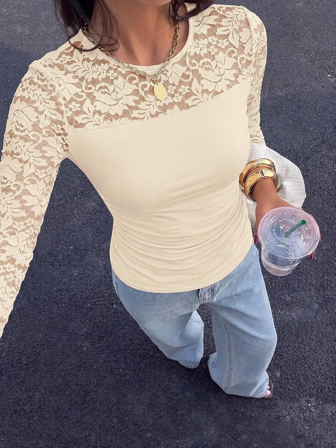 image:imageBTFBM Long Sleeve Shirts for Women Lace Tops Mesh Sheer Top Dressy CasualApricot
