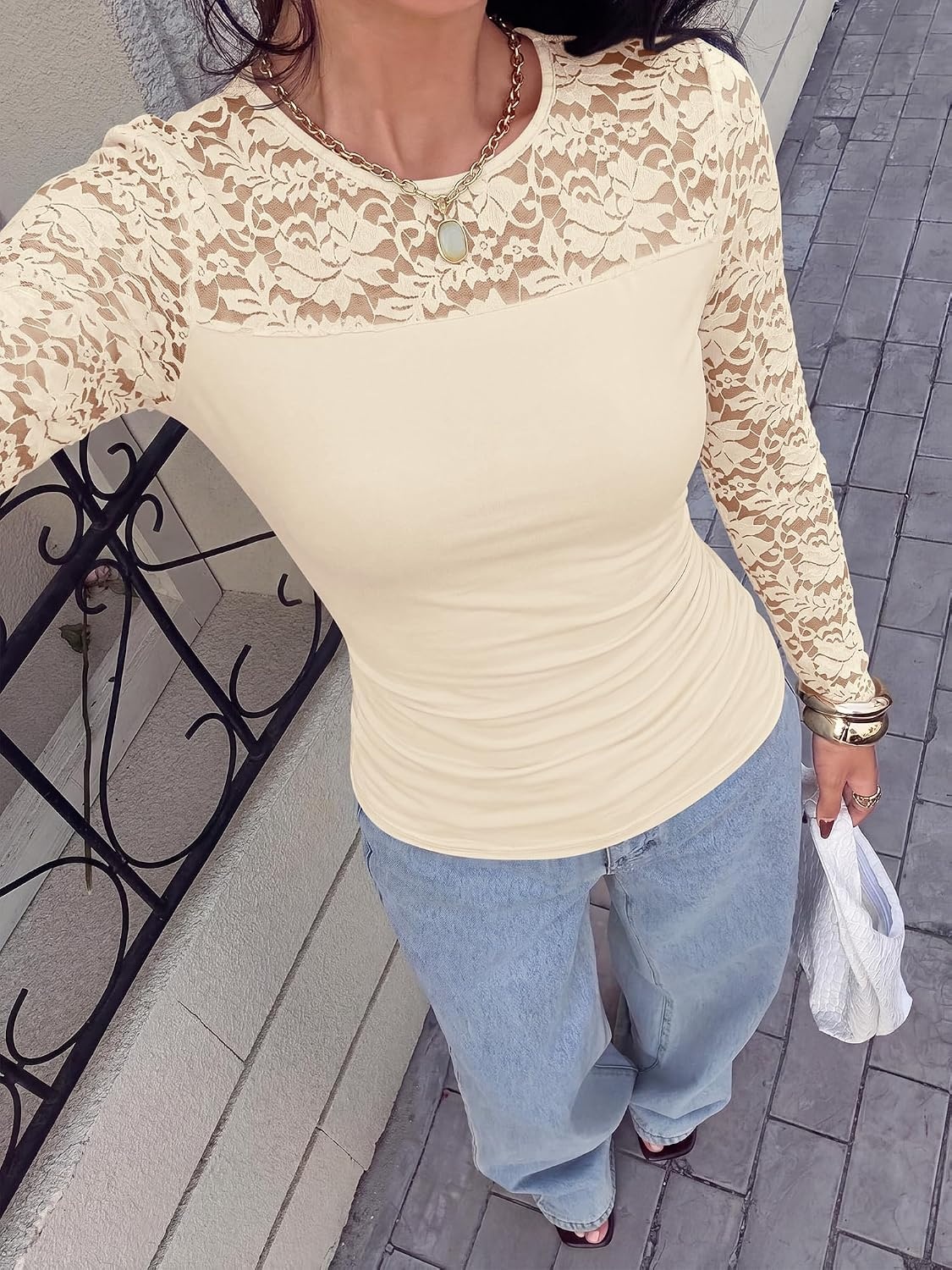 image:imageBTFBM Long Sleeve Shirts for Women Lace Tops Mesh Sheer Top Dressy CasualApricot