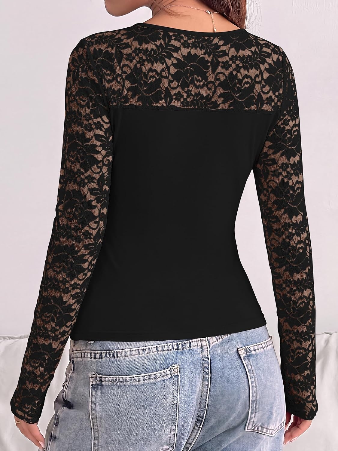 image:imageBTFBM Long Sleeve Shirts for Women Lace Tops Mesh Sheer Top Dressy CasualBlack