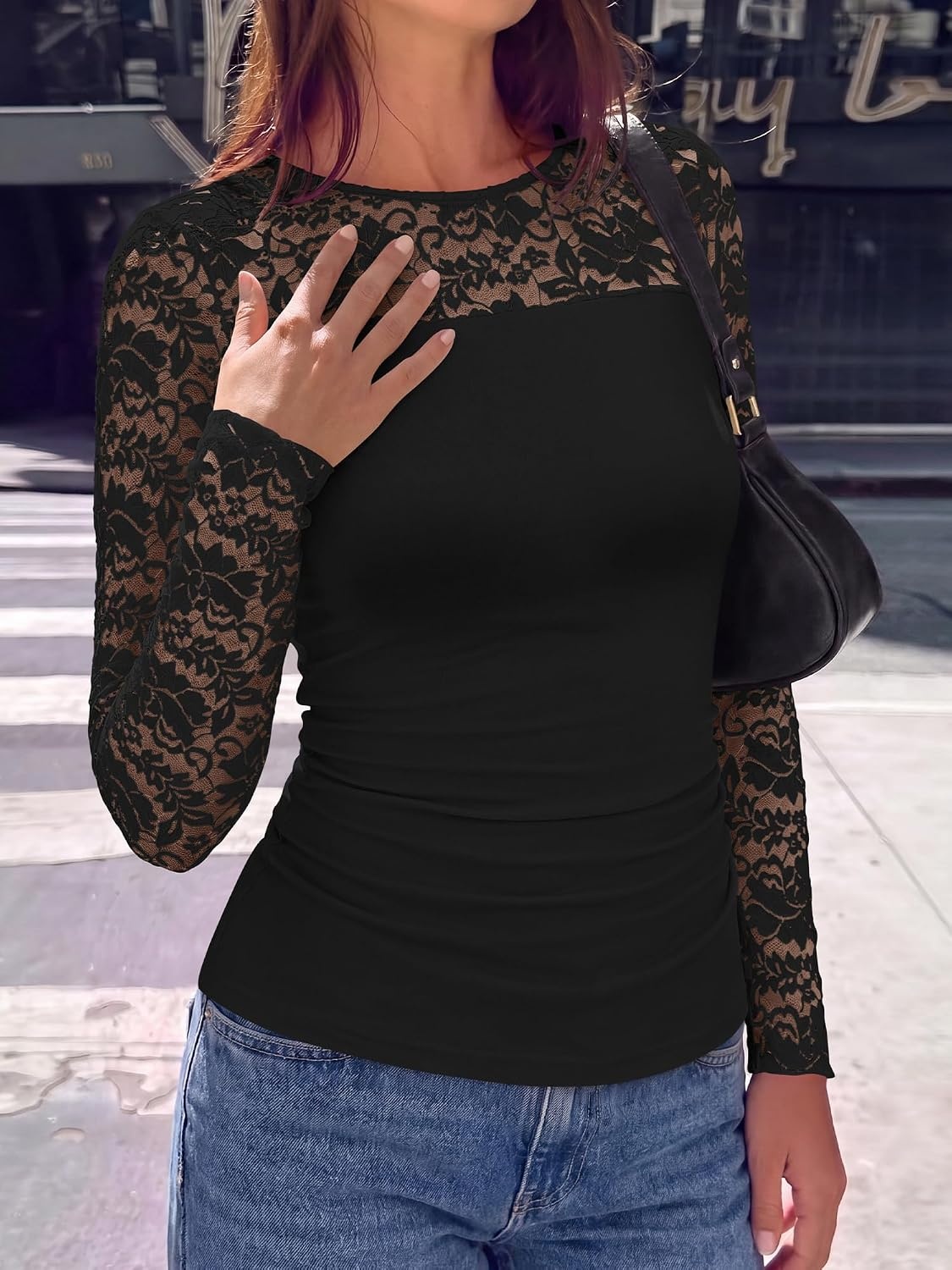 image:imageBTFBM Long Sleeve Shirts for Women Lace Tops Mesh Sheer Top Dressy CasualBlack