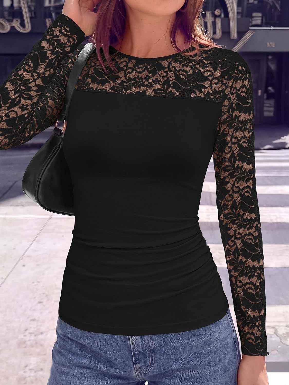 image:imageBTFBM Long Sleeve Shirts for Women Lace Tops Mesh Sheer Top Dressy CasualBlack