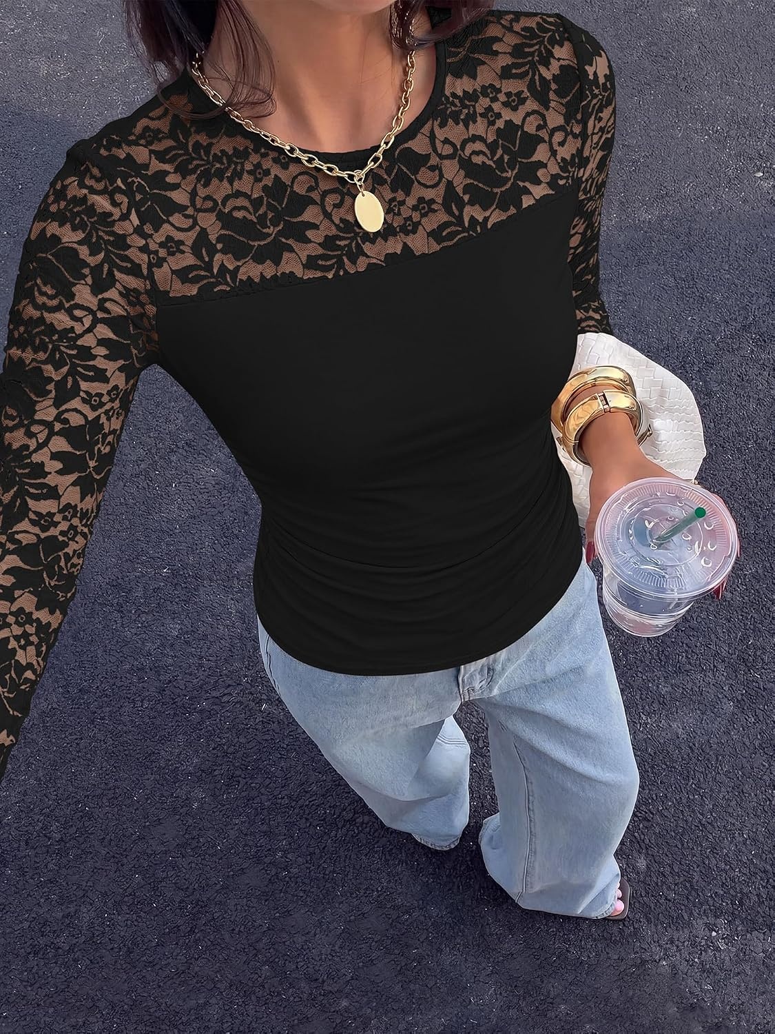 image:imageBTFBM Long Sleeve Shirts for Women Lace Tops Mesh Sheer Top Dressy CasualBlack