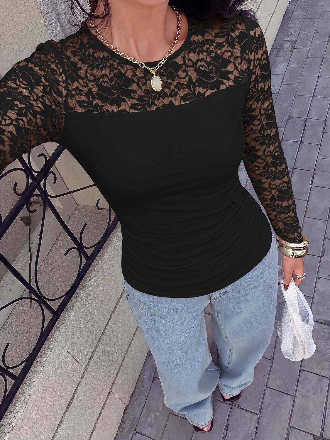 image:imageBTFBM Long Sleeve Shirts for Women Lace Tops Mesh Sheer Top Dressy CasualBlack