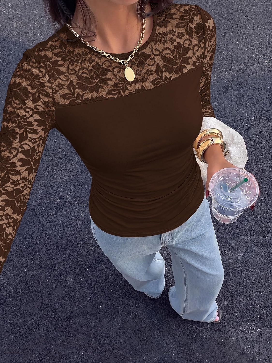 image:imageBTFBM Long Sleeve Shirts for Women Lace Tops Mesh Sheer Top Dressy CasualChocolate Brown
