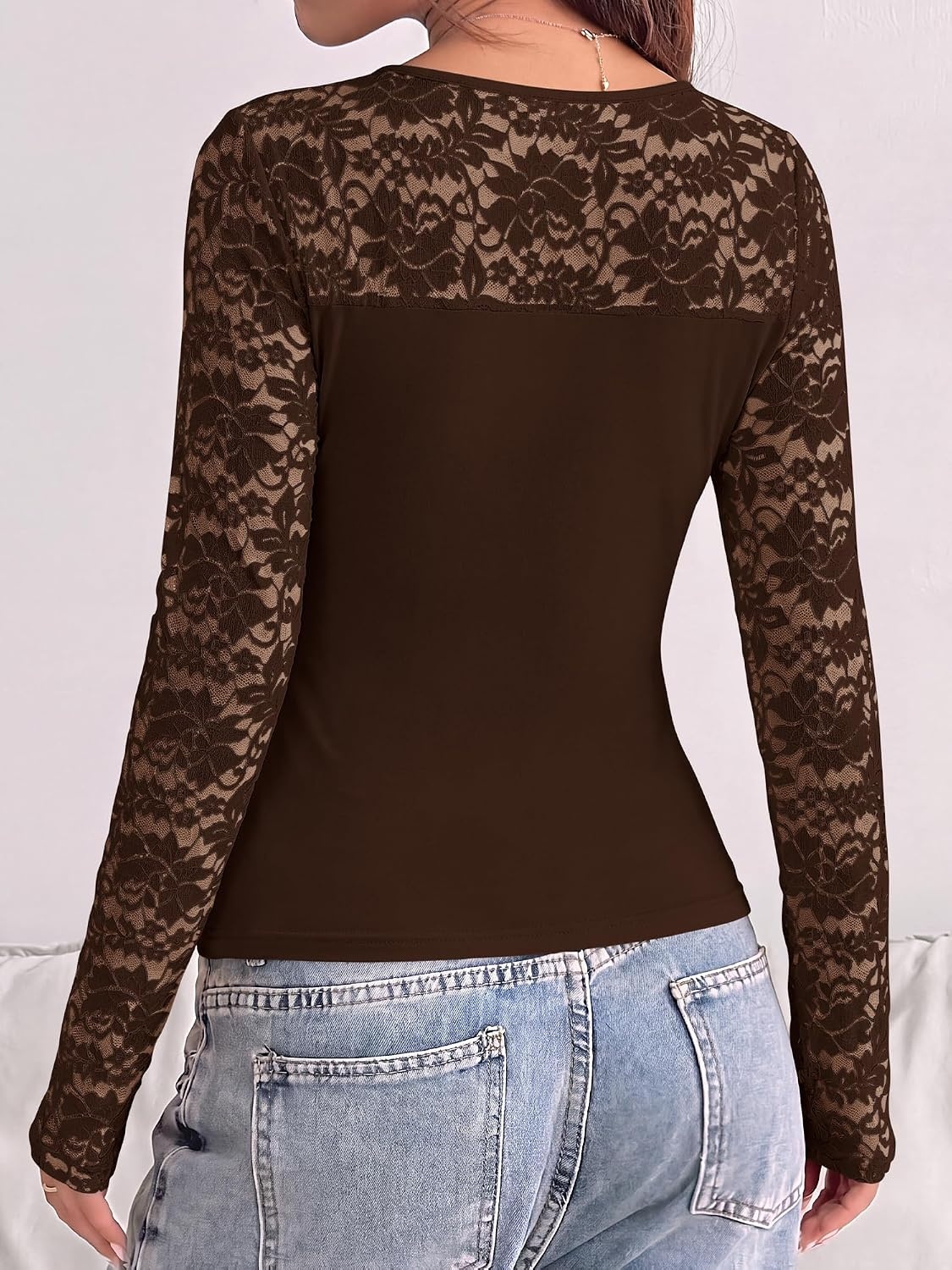 image:imageBTFBM Long Sleeve Shirts for Women Lace Tops Mesh Sheer Top Dressy CasualChocolate Brown