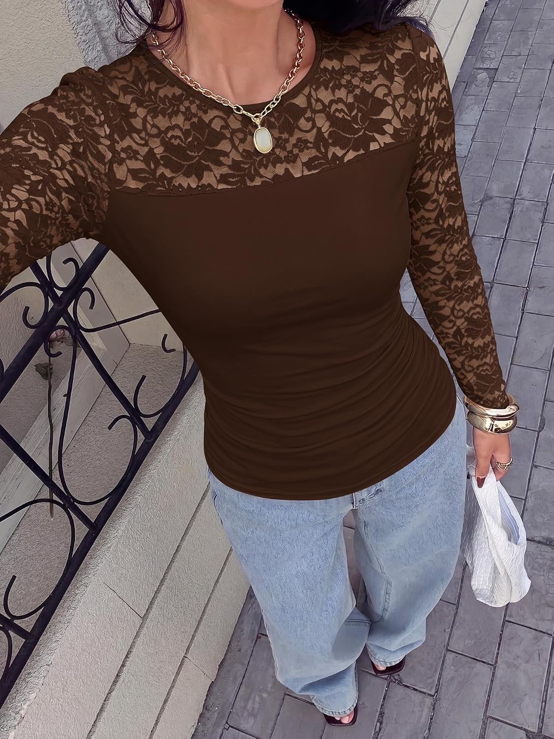 image:imageBTFBM Long Sleeve Shirts for Women Lace Tops Mesh Sheer Top Dressy CasualChocolate Brown