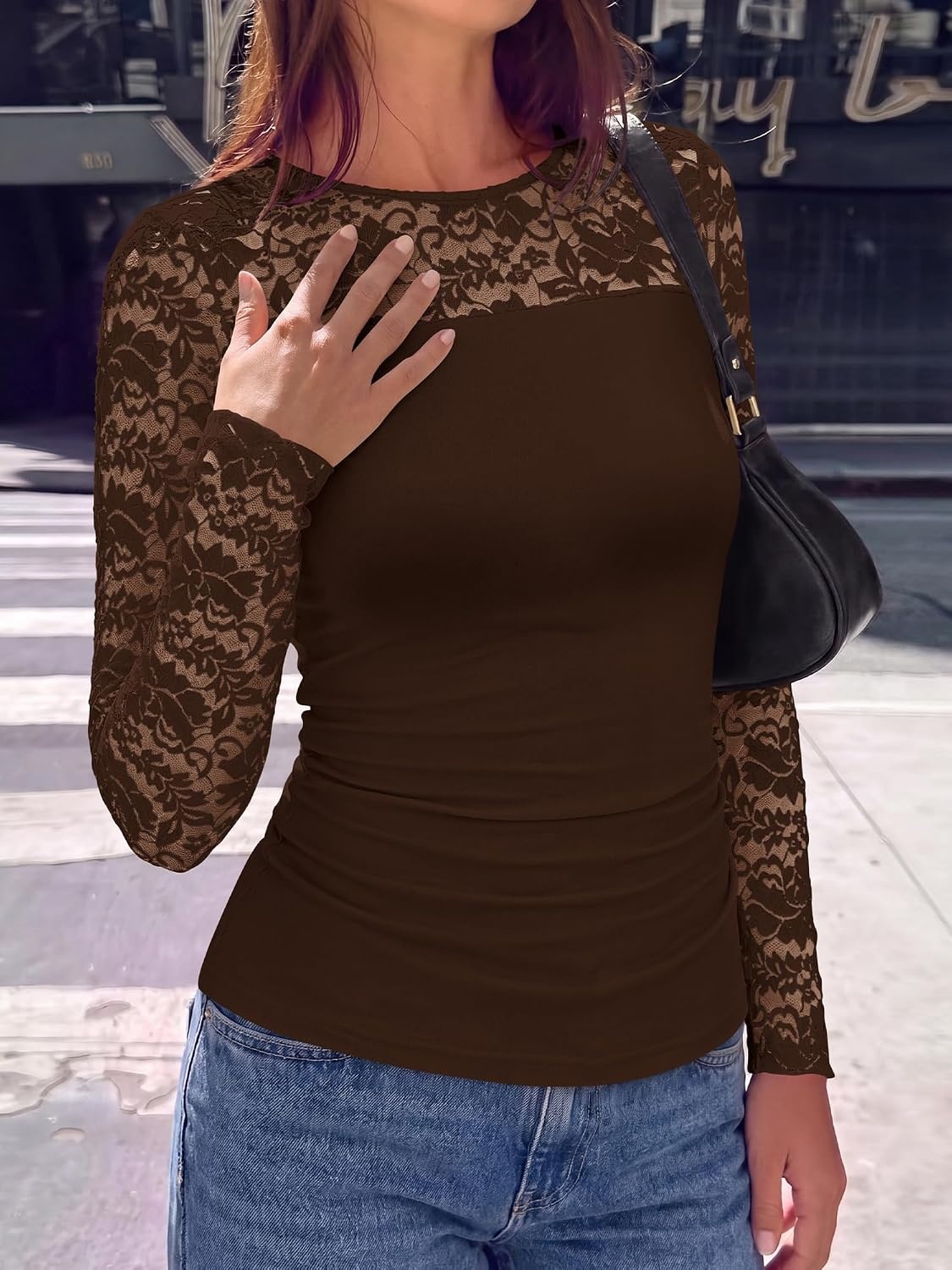 image:imageBTFBM Long Sleeve Shirts for Women Lace Tops Mesh Sheer Top Dressy CasualChocolate Brown