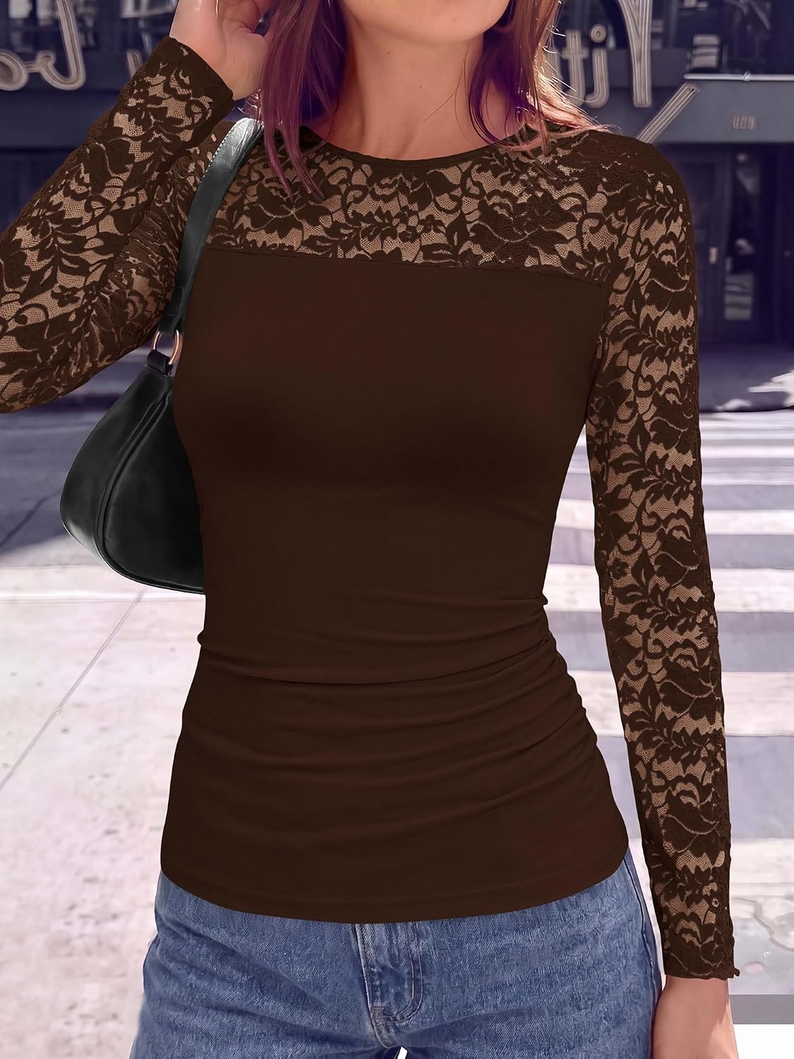 image:imageBTFBM Long Sleeve Shirts for Women Lace Tops Mesh Sheer Top Dressy CasualChocolate Brown