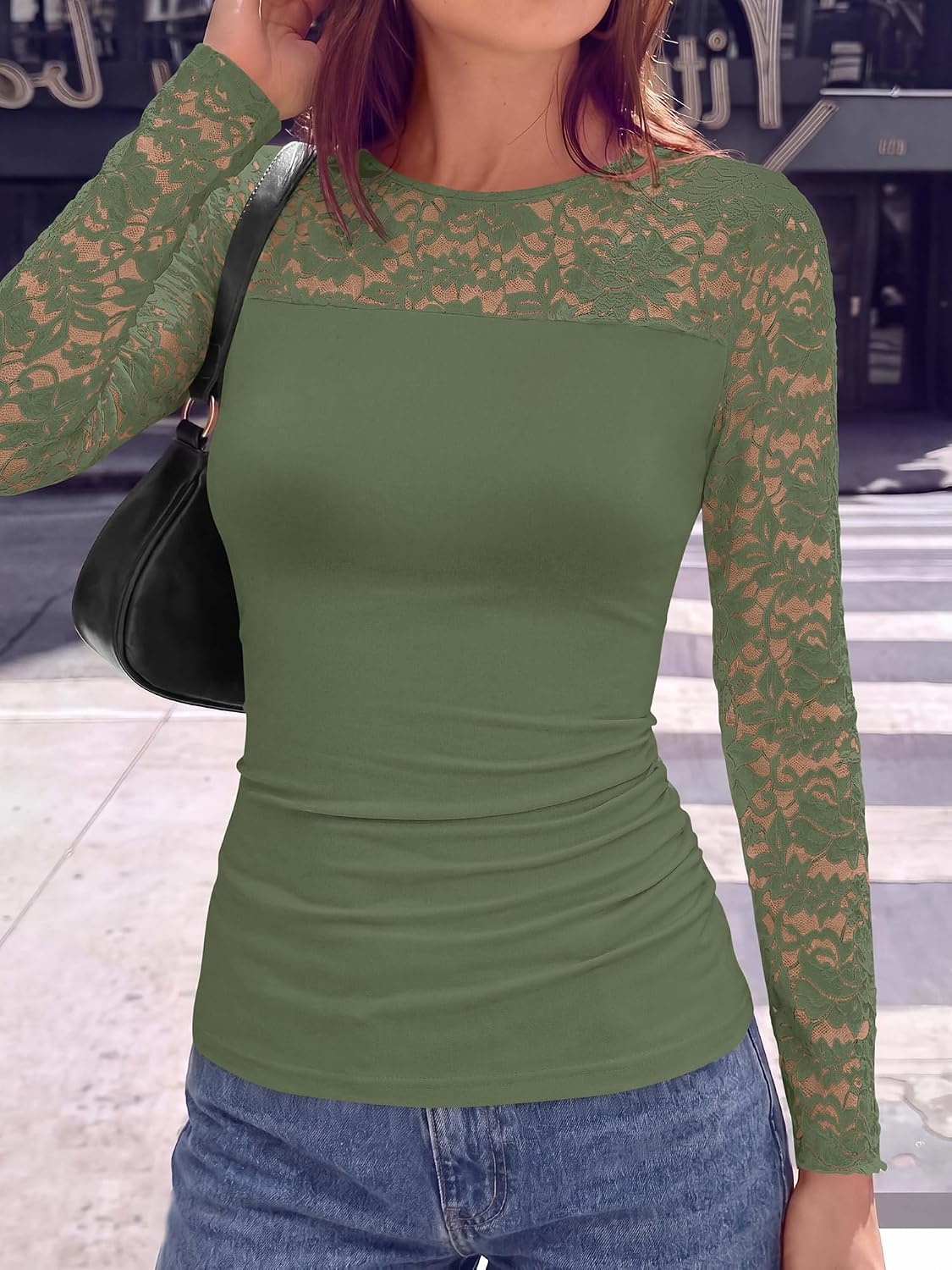 image:imageBTFBM Long Sleeve Shirts for Women Lace Tops Mesh Sheer Top Dressy CasualGrey Green