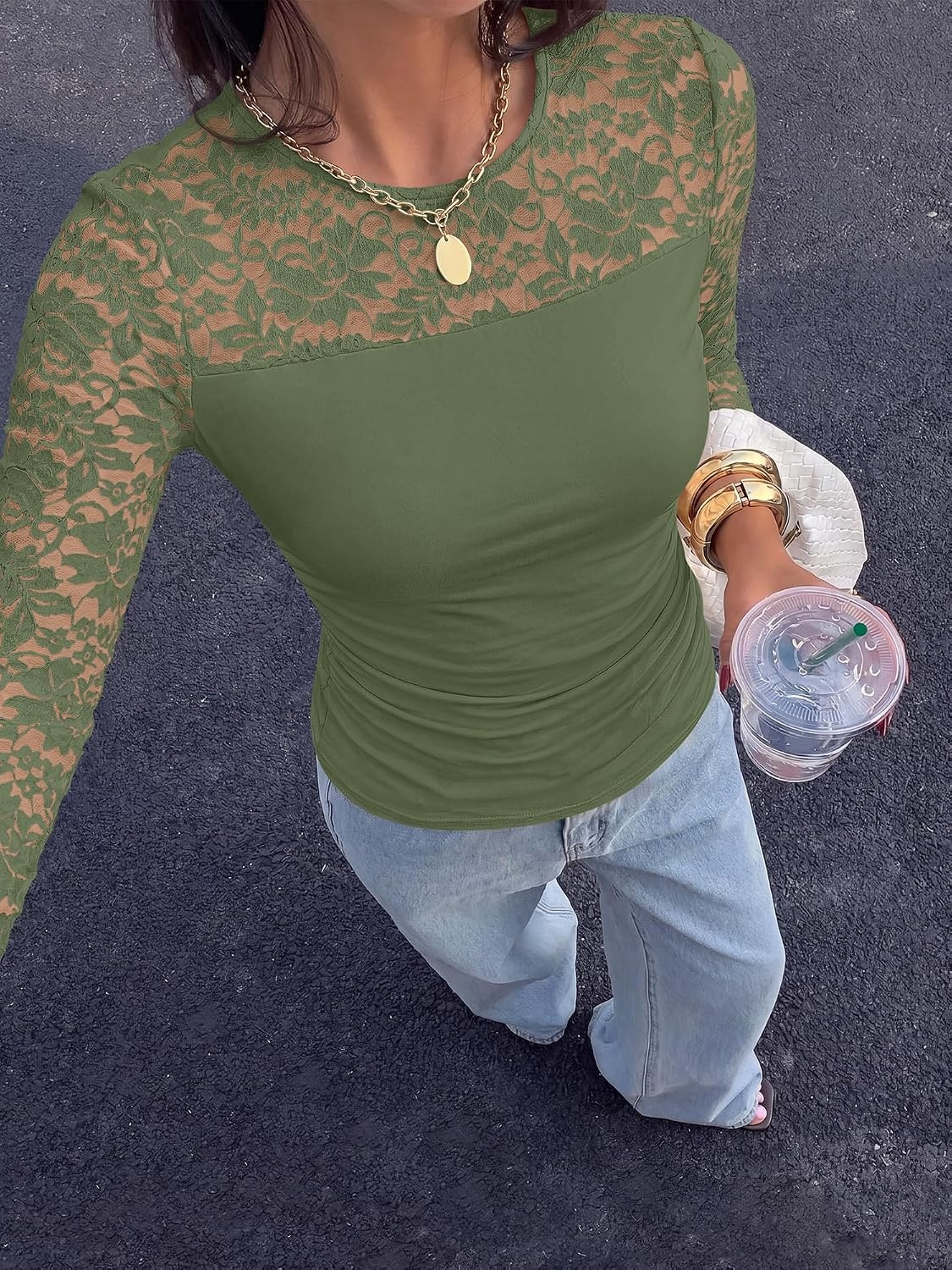 image:imageBTFBM Long Sleeve Shirts for Women Lace Tops Mesh Sheer Top Dressy CasualGrey Green