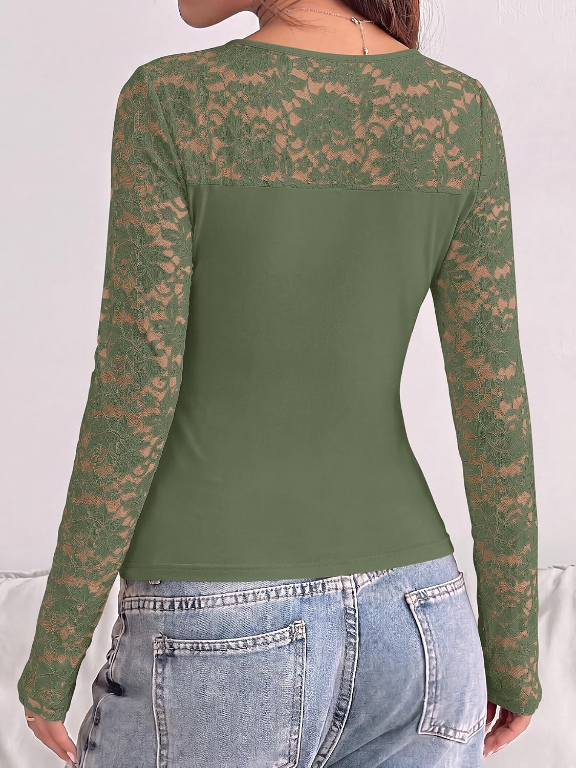 image:imageBTFBM Long Sleeve Shirts for Women Lace Tops Mesh Sheer Top Dressy CasualGrey Green
